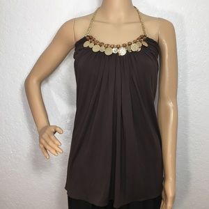Sky Brown Halter Top with Gold Jewelry Neckline
